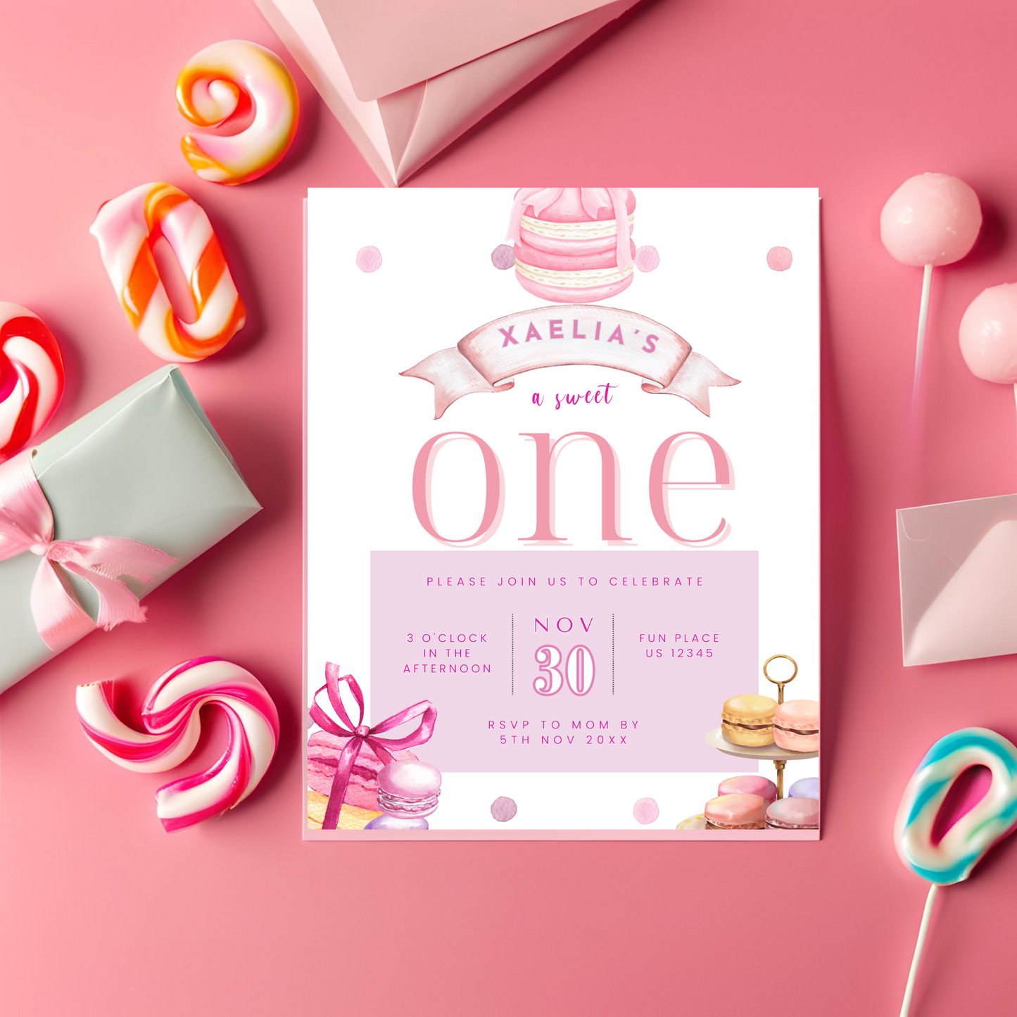 Pink Sweet ONE 1st Birthday Invitation- Style 2