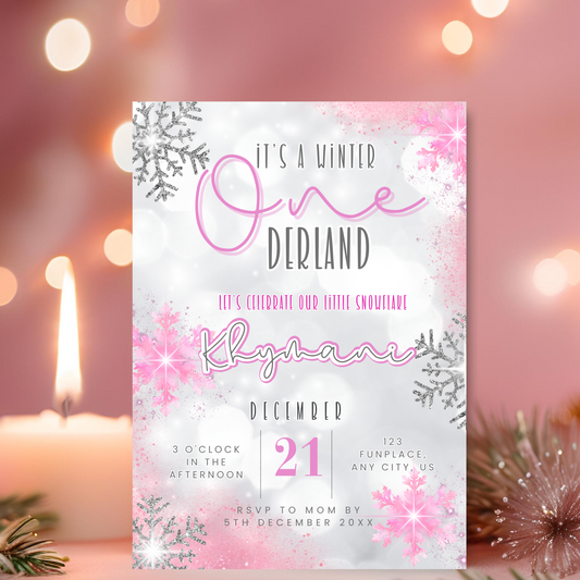 Pink Winter ONEderland 1st Birthday Invitation