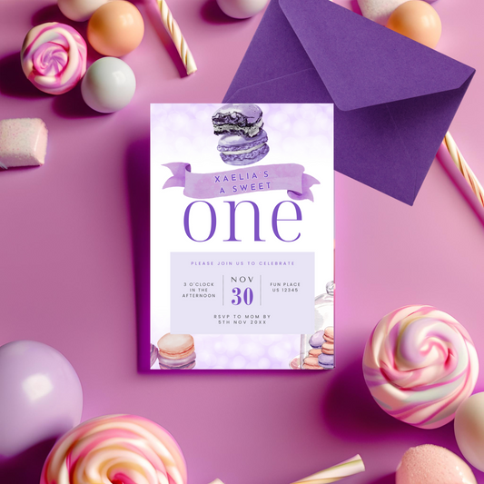 Purple Sweet ONE 1st Birthday Invitation