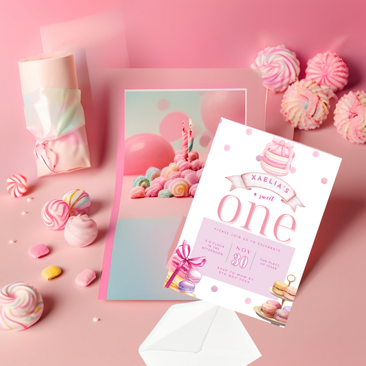 Pink Sweet ONE 1st Birthday Invitation- Style 2