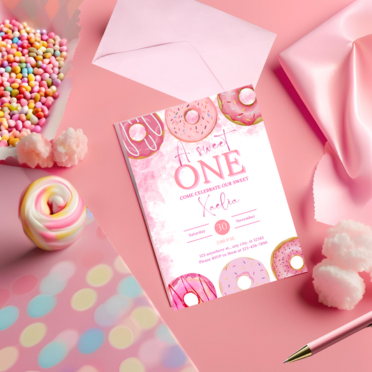 Pink Sweet ONE 1st Birthday Invitation Style 1