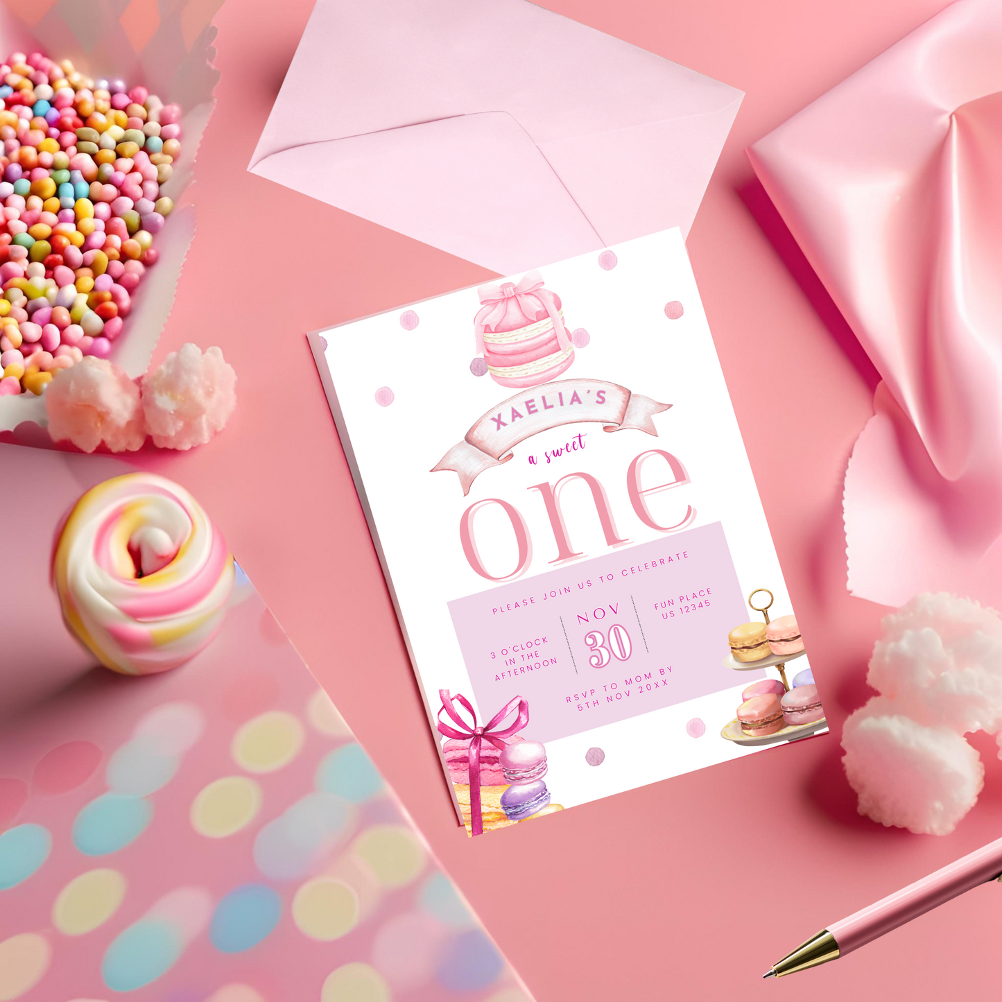 Pink Sweet ONE 1st Birthday Invitation- Style 2